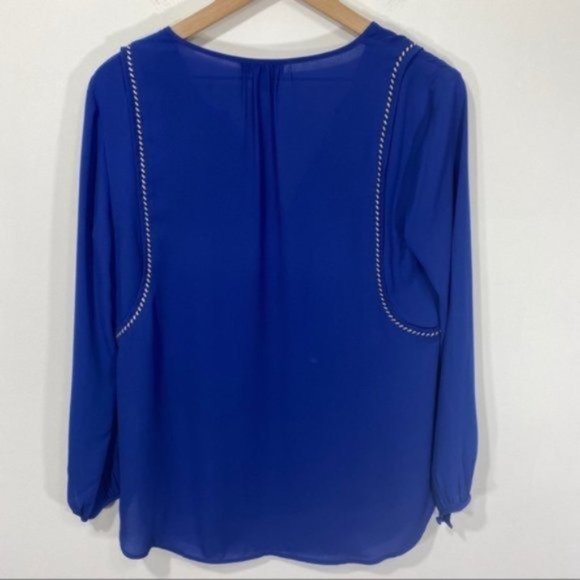 J. Crew Royal Blue Tassel Trim Popover Blouse Boho Chic Lightweight Size 4 - Picture 3 of 9